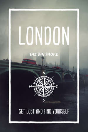 London, UK, the big smoke city. Trendy travel design, inspirational text art, foggy cityscape background with the bridge in mist. Touristic adventure concept, compass symbol and trip typography.の写真素材