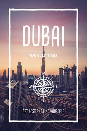Dubai, United Arab Emirates, the gulf tiger city. Trendy travel design, inspirational text art, cityscape skyscrapers over sunset sky. Tourist adventure concept, compass symbol and trip typography.の写真素材