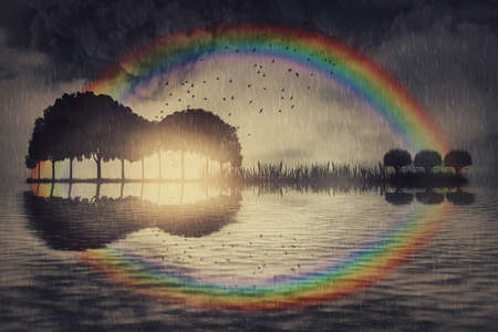 Surreal seascape view with trees on an isle growing in the shape of a guitarの写真素材