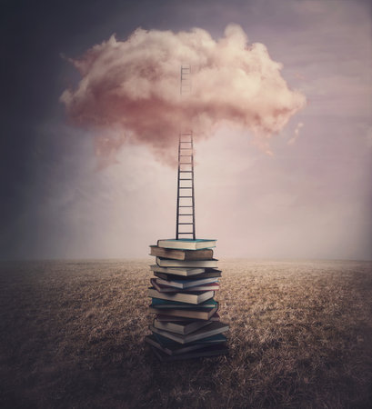 Surreal landscape, conceptual scene with a books pile in the middle of an open meadow, and a ladder or stairway leading up to a pink cloud in the sky. Fantasy world, adventure in search of knowledgeの写真素材
