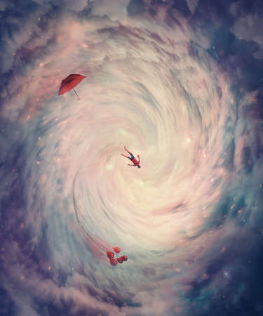 Surreal view of a cosmic wormhole. Person absorbed by a magical celestial swirl. Teleportation in the wonderland. Conceptual time and space travel scene. Collapse into whirlwind. Theory of relativityの写真素材