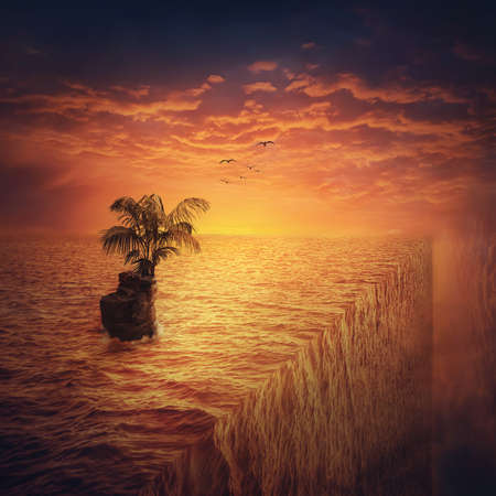 Surreal ocean view and a small island with a palm tree at the edge of the world. Adventure and journey, fantasy vacation concept. Summer holiday at the end of the sea in the middle of nowhereの写真素材