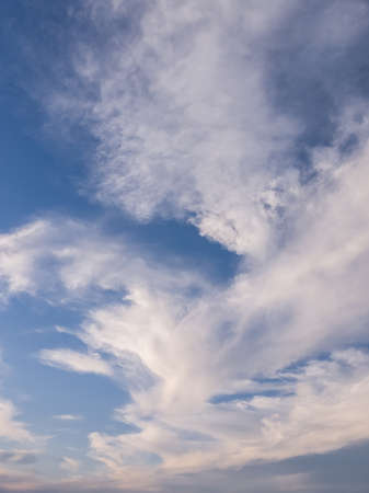 Panoramic cloudscape scene over the blue sky. Fluffy white clouds aerial composition. Misty overcast cumulus shapes, abstract nebula textures. Air fresheners, celestial beauty, vertical backgroundの写真素材