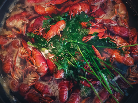Cooking river crayfish, or crawfish, at home on a traditional recipe. A lot of red, freshwater lobsters boiling in a big bowl on hob. Preparing delicious, non gmo, organic food in house conditionsの写真素材