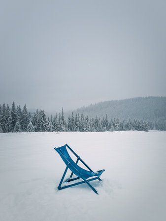 Sunbed type chair on the top of a mountain in a snowy winter day. Fir forest covered with snow on the horizon. Bukovel ski resort, Ukrainian Carpathians. Blizzard scene, seasonal travel backgroundの写真素材