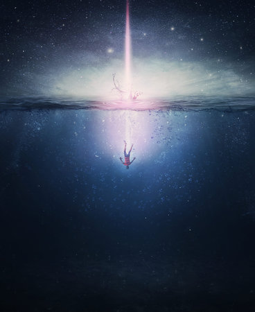 Surreal scene with a person falling underwater, like a comet from the night sky crashing into the...