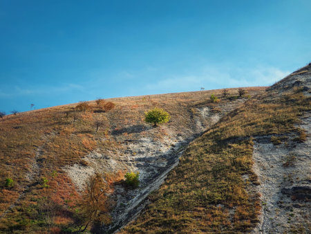 Idyllic countryside view to a single tree on the karst limestone hills at Orheiul Vechi, old Orhei complex, near Trebujeni village, Moldova. Autumn season nature landscapeの写真素材