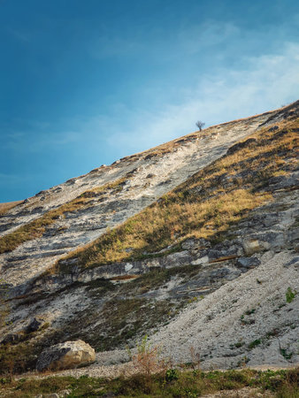 Idyllic countryside view to a bare and lone tree on the top of the karst limestone hills at Orheiul Vechi, old Orhei complex, near Trebujeni village, Moldova. Autumn season natural landscapeの写真素材