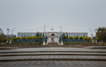 View from the square of the Triumphal Arch in front of the government building, Chisinau, Moldova....