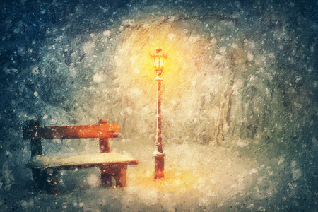 Wintertime night scene painting. Shining street lamp near a wooden bench in the snowy park....