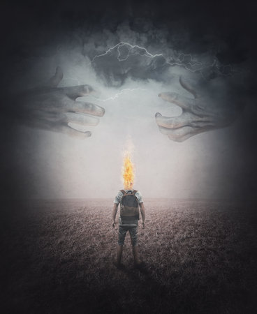 Surreal and creepy scene, the battle against monster inside your mind. Alone person with head burning in flames facing a spooky creature coming out of storm. Conceptual and inspirational artの写真素材