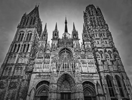 Outdoor facade view of Notre Dame de Rouen Cathedral in the Normandy, France. Architectural landmark black and white viewの写真素材