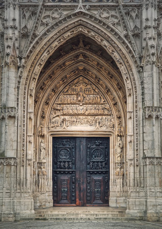 Saint Maclou Church entrance door, Rouen in Normandy, France. Flamboyant gothic architectural styleの写真素材
