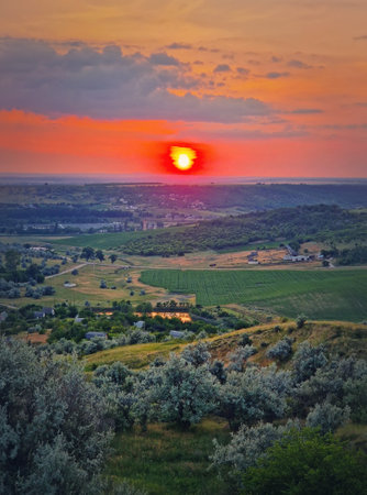 Red summer sunset scenic view over the green valley with bushes and trees. Evening natural landscapeの写真素材