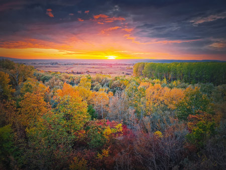Colorful autumn landscape. Beautiful sunset over the valley with the multicolored woods. Idyllic fall season sceneryの写真素材