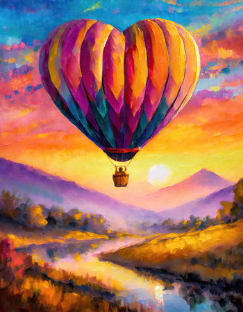 Hot air balloon in the shape of a heart symbol flying to sunset above the picturesque landscape with mountains and forests. Conceptual and romantic scene for Valentines dayの素材