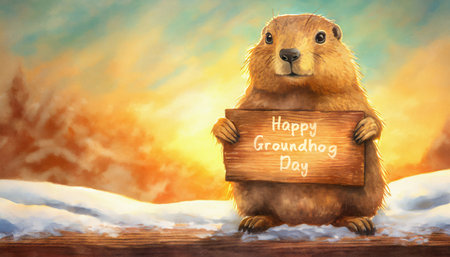 Cute marmot holding a wooden board with the text Happy Groundhog day. Funny woodchuck forecaster with a banner predicts the weatherの素材