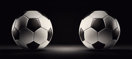 Two soccer balls placed against each other on black background. Soccer scoreline symbols with copy space for match announcements. Tournament rivalry conceptの素材
