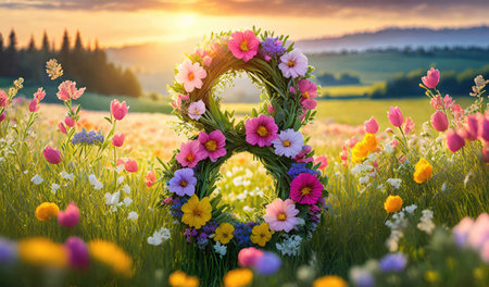 Number 8 wreath made of colorful flowers on a blooming meadow in sunrise soft light. Conceptual background for the International Women's Day celebrated on march 8thの素材