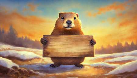 Groundhog day concept with a marmot stands on the melting snow against winter sunset background holding an old wooden banner with copy space for textの素材