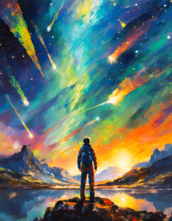 Human silhouette on another planet in space looking up to the aurora and falling comets on the night skyの素材