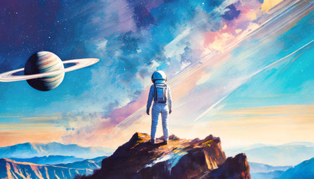 Rear view woman astronaut on another planet stands on the mountains top with view to the colorful starry sky with colorful nebulasの素材