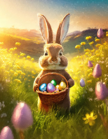 Cute rabbit holding a basket with colorful Easter eggs walking a footpath through the spring meadow with blooming flowersの素材