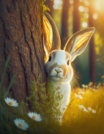 Cute rabbit hiding behind a tree in the forestの素材