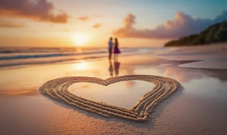 Heart drawn in the sand on a tropical beach and silhouette of a couple meets the dawn together at the sea. Love and romance concept, Valentines day backgroundの素材