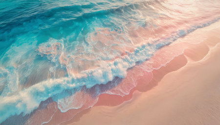 Pastel colors background of ocean foamy waves hitting the sandy beach. Exotic serene blue sea, tropical summer vacation seaside, holiday recreation concept, pink colorsの素材