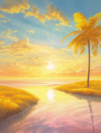Summertime seaside pastel colors illustration. Summer sunrise scenery on a tropical beach. Sea vacation vibes on an exotic islandの素材