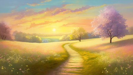Beautiful springtime illustration in pastel colors. Footpath across a spring meadow with blooming trees. Picturesque countryside sunset sceneの素材