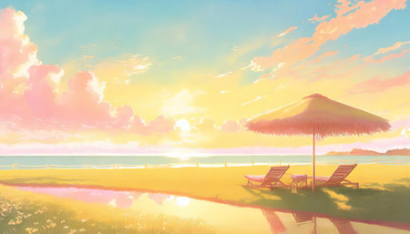 Beautiful summertime illustration with sunbeds on the turf in front of the sunset over sea. Aesthetics summer season in pastel colors. Relaxing holiday vibesの素材
