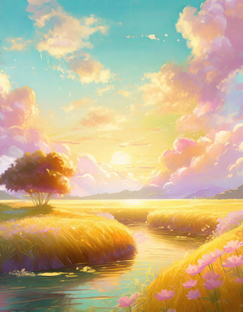 Dreamlike riverside illustration, summer season scene in pastel colors. Blooming pink flowers on the river bank lit by the gold sunset lightの素材
