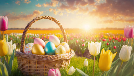 A basket with colorful Easter eggs on a spring field with blooming tulips at sunriseの素材