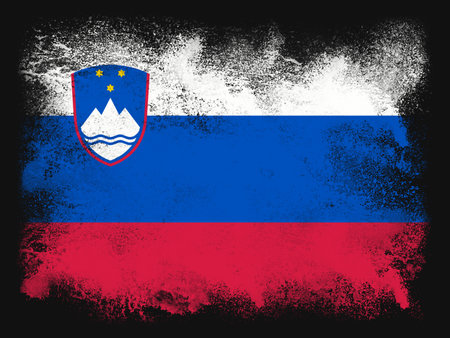 Slovenia Flag design composed of exploding powder and paint isolated on a black background. Colorful abstract dust particles explosion. Euro 2024 football symbol for printingの写真素材