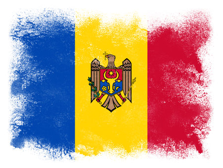 Republic of Moldova country Flag design composed of exploding powder and paint isolated on white backgroundの写真素材
