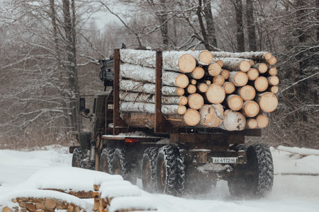 illegal logging, industrial excavator bucket grabs fallen trees and clears the road, harvesting raw materials for the woodworking industryの写真素材