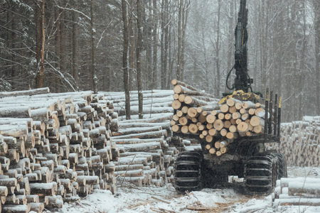 illegal logging, industrial excavator bucket grabs fallen trees and clears the road, harvesting raw materials for the woodworking industryの写真素材