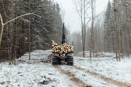 illegal logging, industrial excavator bucket grabs fallen trees and clears the road, harvesting raw materials for the woodworking industryの写真素材