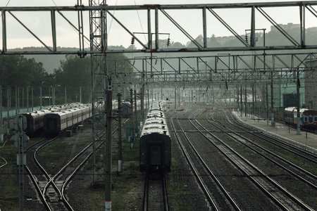 Freight trains on the platform of a railway station. High quality photo