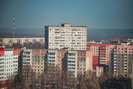 View of the city from the height of the building in the early springの写真素材