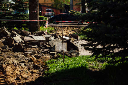 A pile of rubble in the courtyard of a private house under construction.の写真素材
