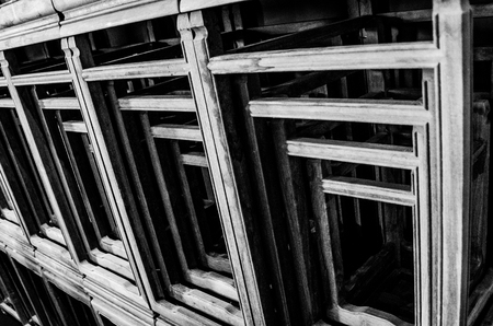 the Many tables are stacked and arranged neatly.の写真素材