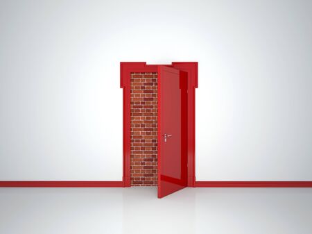 White room with an open red door where you can not enterの写真素材