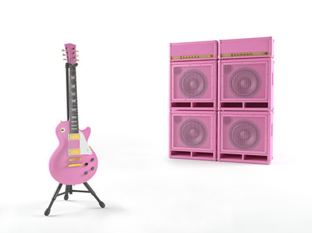 Pink guitar with amplifierの写真素材