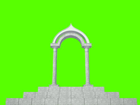 Classical arch and two columns of unusual shape. Isolated on green backgroundの写真素材