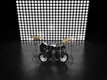Unusual drum set against the backdrop of glowing wallの写真素材