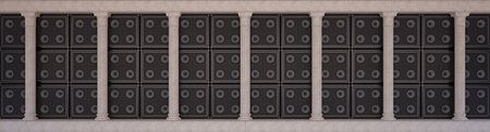 Classical colonnade, on a background of a wall of guitar amps