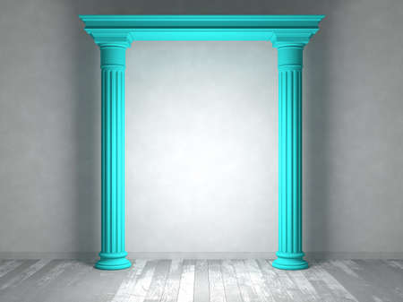 Classical portal with columns in an empty room with parquet floors and light-colored wallsの写真素材